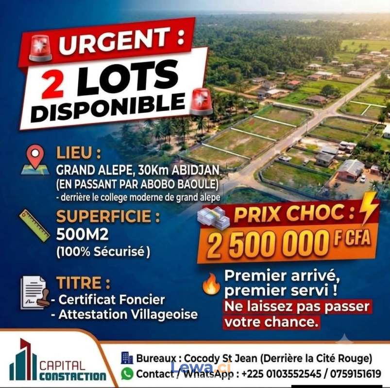 Image principale du bien : DEUX (02) TERRAIN EN VENTE SUR GRAND ALEPE 30KM ABIDJAN