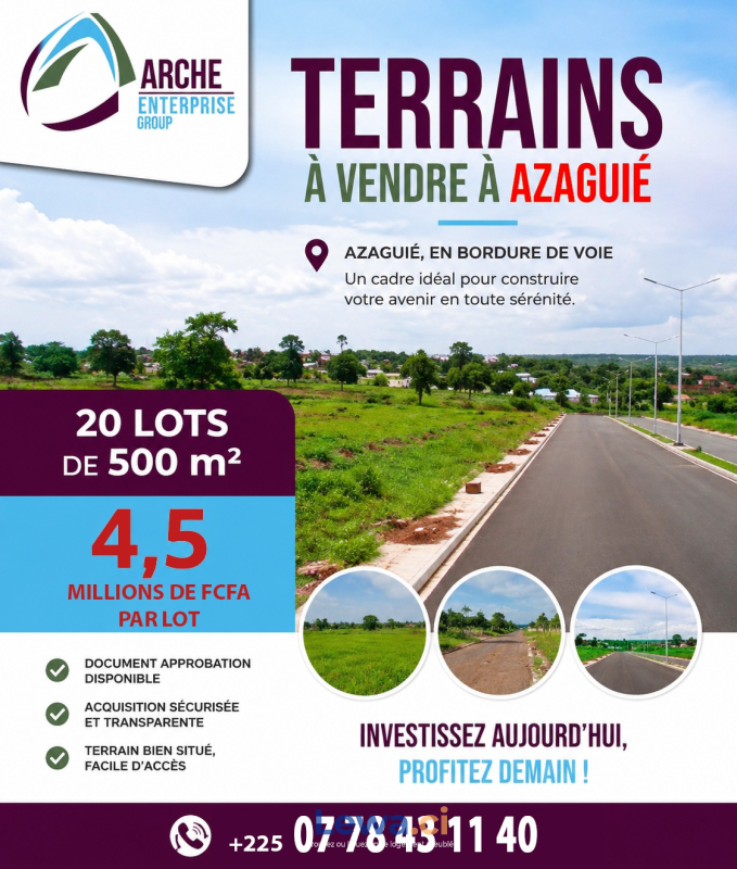 Image principale du bien : TERRAINS DISPONIBLES À AZAGUIÉ EN BORDURE DE VOIE