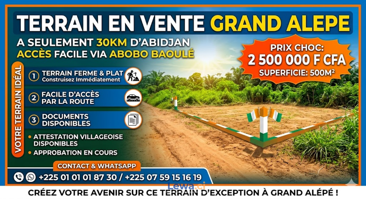 Image principale du bien : TERRAIN EN VENTE A GRAND ALEPE 30KM D'ABIDJAN